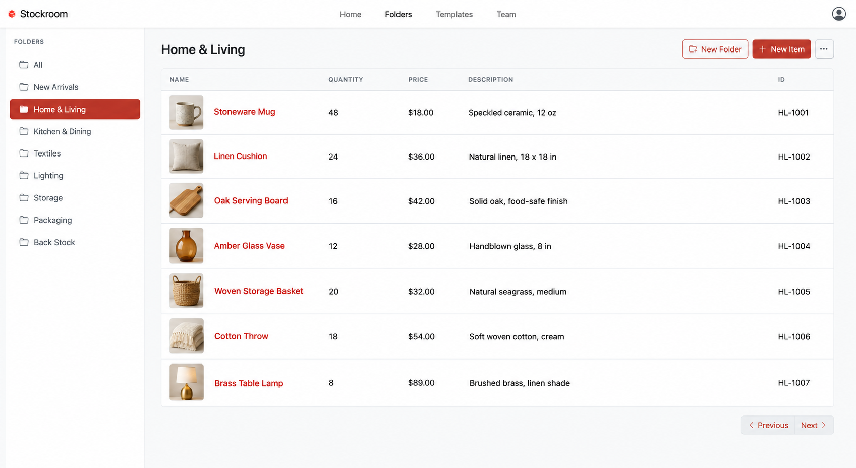 Close-up of Home and Living inventory with product photos, names, quantities, and prices.